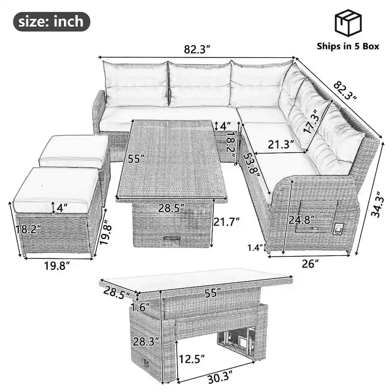Set di mobili da esterno in rattan con tavolo regolabile, poltrone reclinabili e 2 pouf