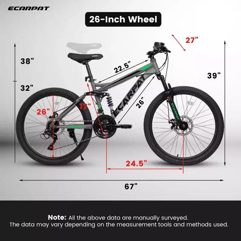 Okak 26 inch mountainbike met schijfremmen, 21 versnellingen, fiets voor volwassenen met duurzaam frame en dubbele vering achter, fiets voor stadsritten