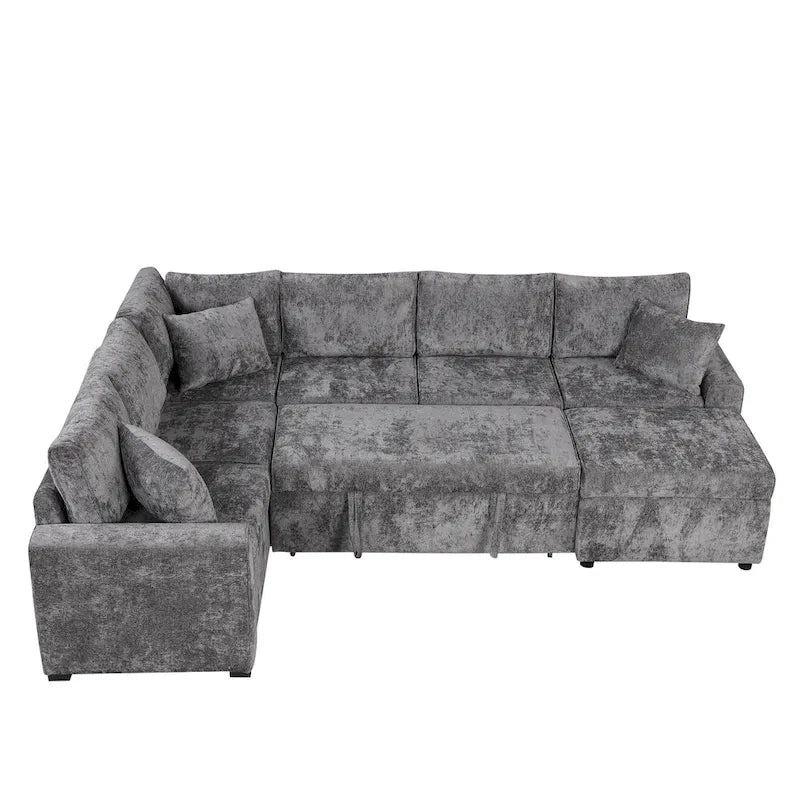 Divano componibile in ciniglia trasformabile in divano letto estraibile, divano letto ad angolo a L con pouf contenitore, 3 cuscini e dispositivi di ricarica