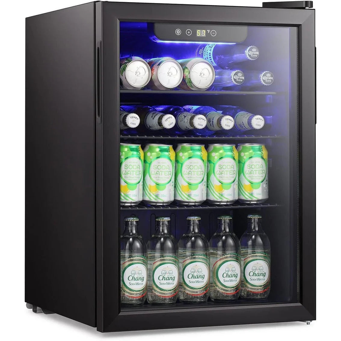 Mini-Kühlschrank für 100 Dosen, Getränkekühlschrank und Weinkühler mit transparenter Glastür und Touchscreen – 2,6 cu. ft.