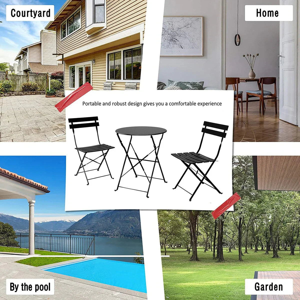 3-teiliges klappbares Bistro-Set aus Metall, wetterbeständiges Outdoor-/Indoor-Sitzset für Terrasse, Hof und Garten