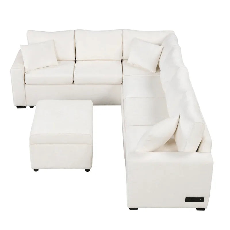 Divano componibile in ciniglia trasformabile in divano letto estraibile, divano letto ad angolo a L con pouf contenitore, 3 cuscini e dispositivi di ricarica