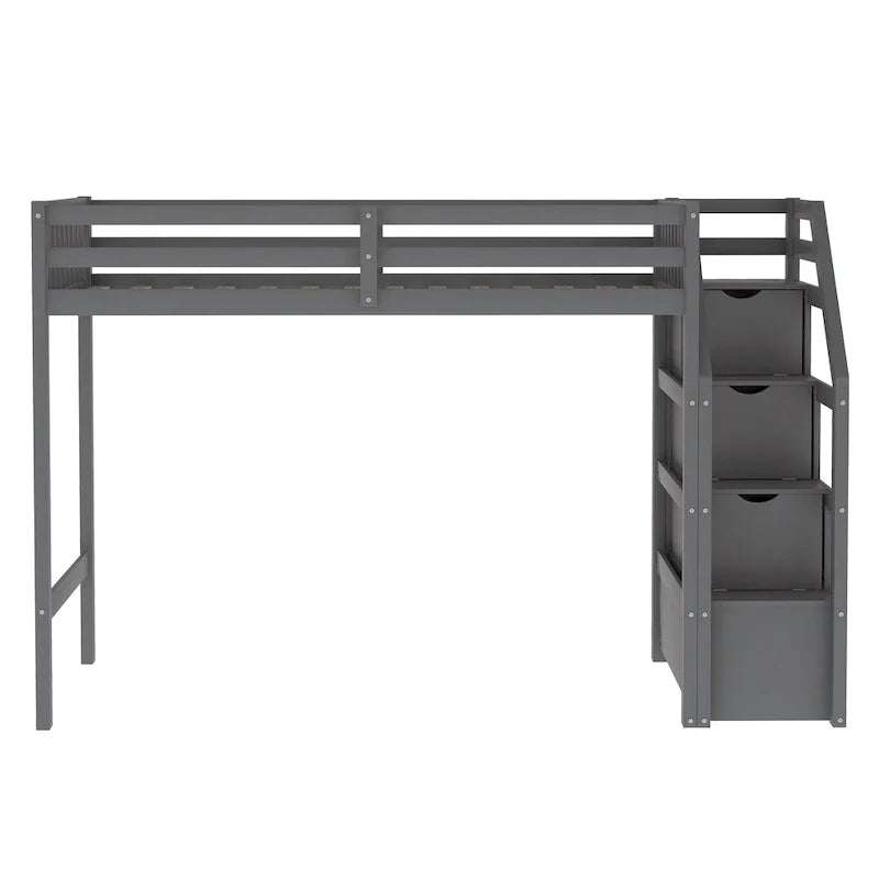 Houten hoogslaper voor een eenpersoonsbed boven een tweepersoonsbed, met trap, hoge veiligheidshekken en ladder