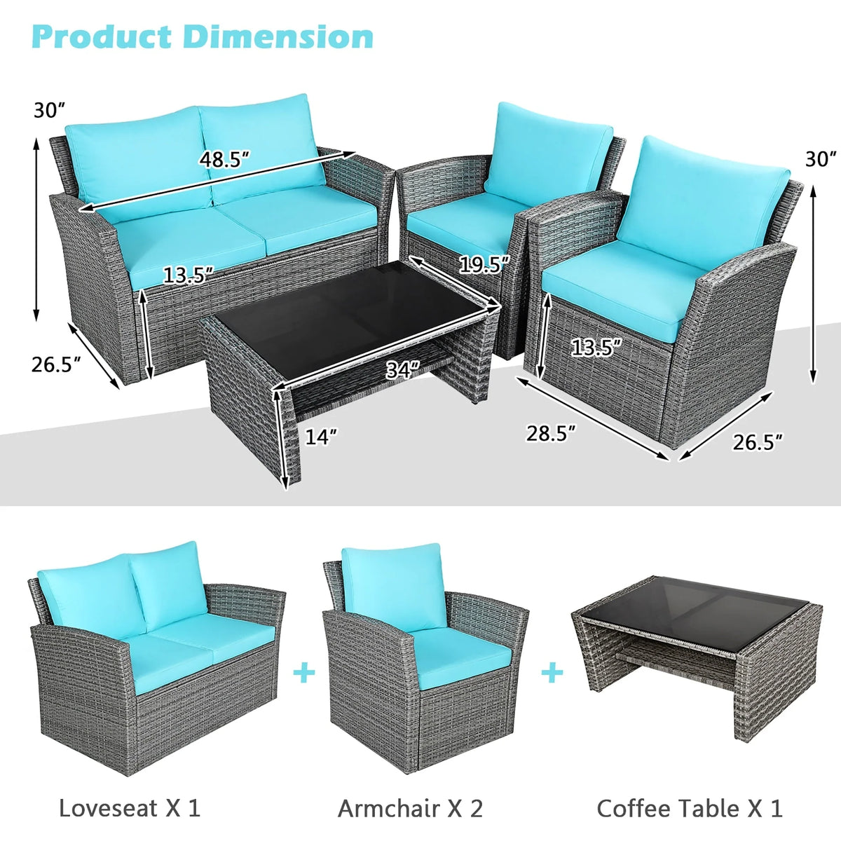Set di divani da patio da 4 pezzi con tavolino da caffè, set di divani da esterno per conversazione