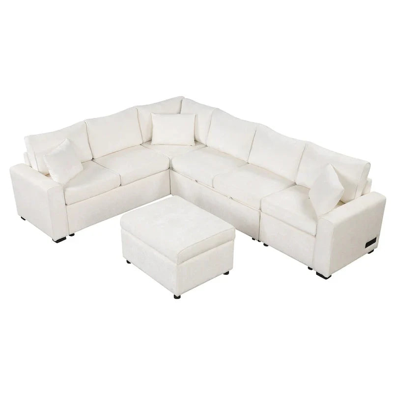 Divano componibile in ciniglia trasformabile in divano letto estraibile, divano letto ad angolo a L con pouf contenitore, 3 cuscini e dispositivi di ricarica