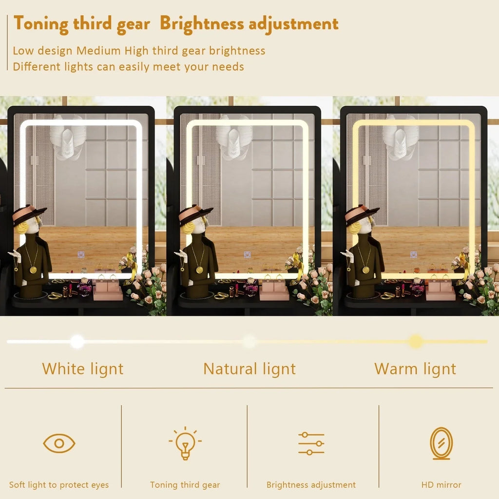 Make-uptafelset met ledverlichting, spiegel en kruk