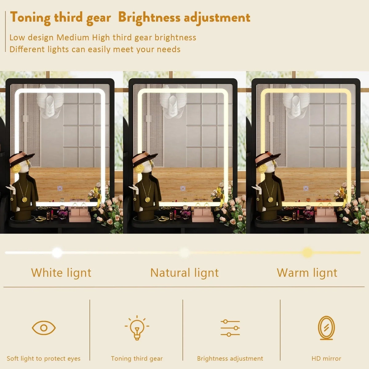 Make-uptafelset met ledverlichting, spiegel en kruk