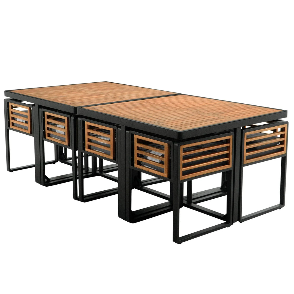 Set da pranzo da esterno in legno di acacia da 18 pezzi, 8 sedie imbottite, 8 pouf e 2 tavoli quadrati
