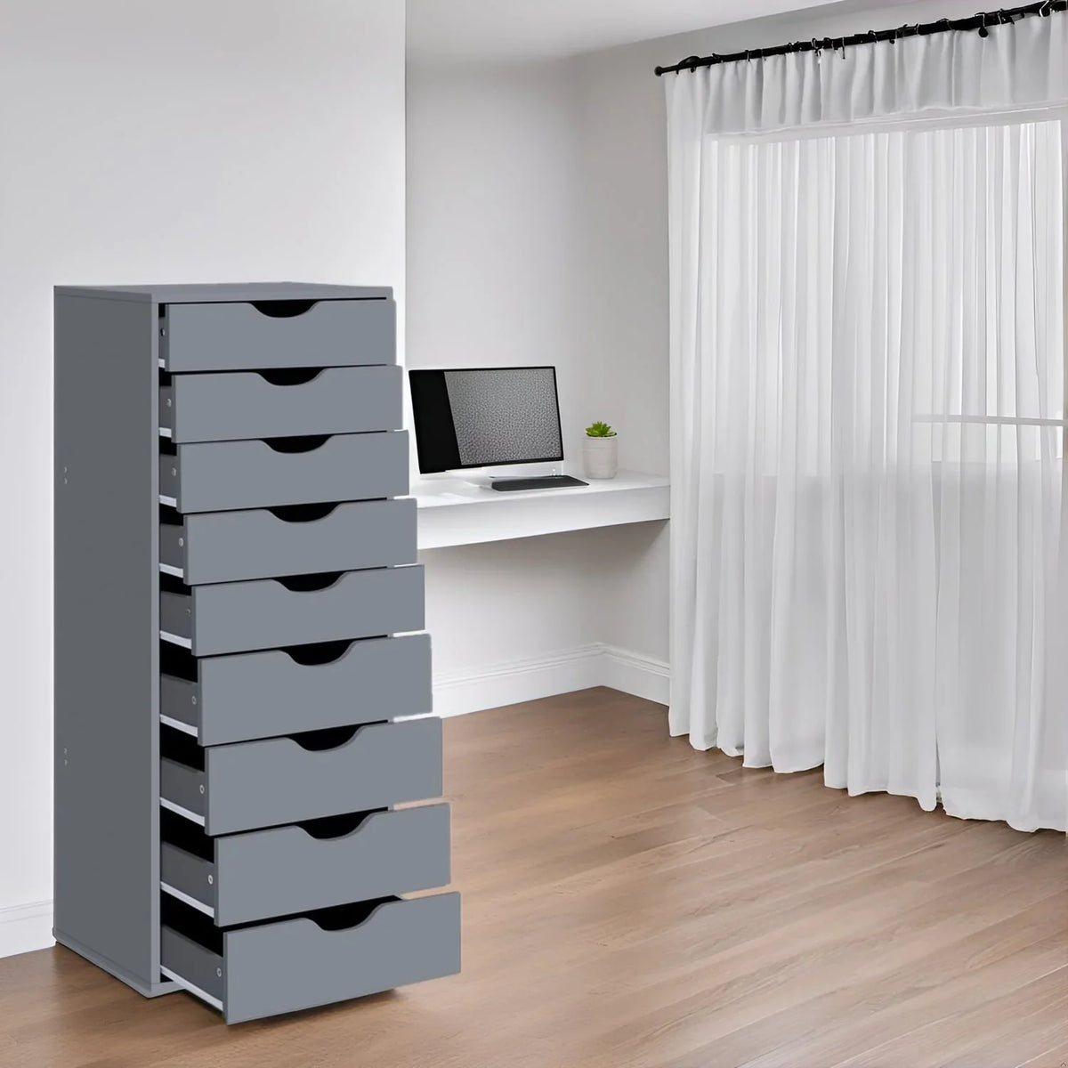 Schmaler Holzschrank mit 9 Schubladen, leichtgängigen Schubladen und oberem Ablagefach