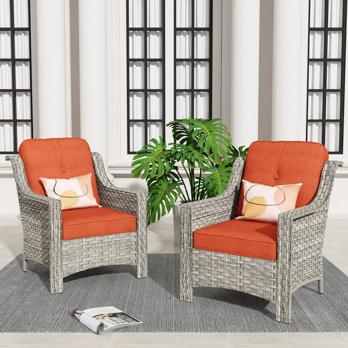 HOOOWOOO Set di 2 sedie da esterno per patio in vimini e rattan con schienale alto