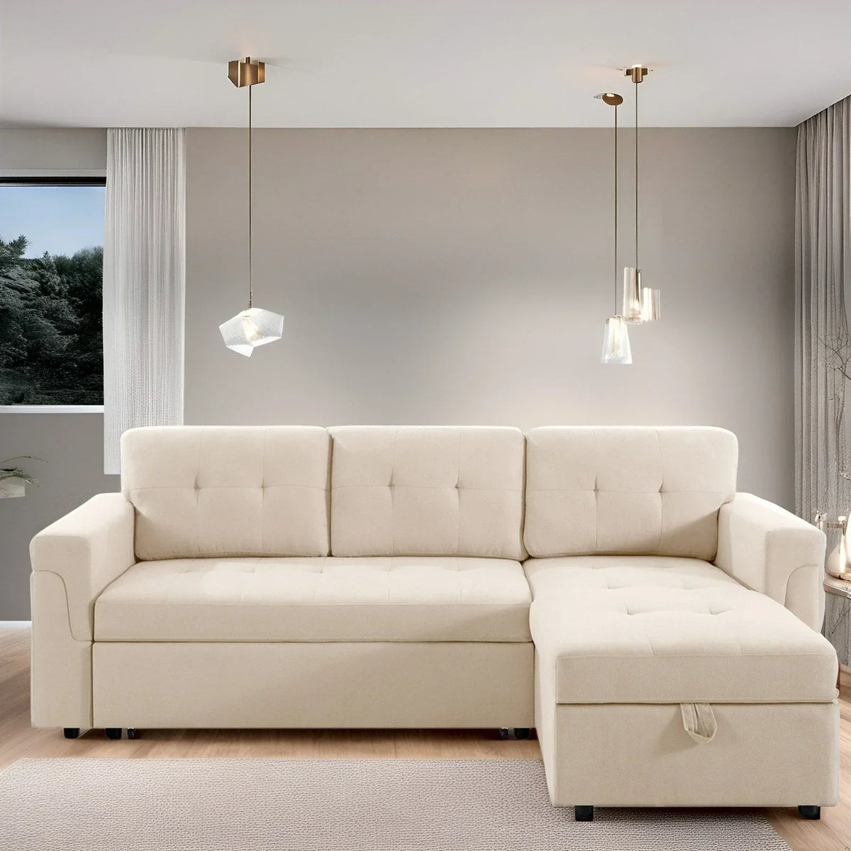 Umwandelbares, beidseitig montierbares Ecksofa mit ausziehbarem Schlafbett, verstecktem Stauraum in der Recamiere und robusten Beinen
