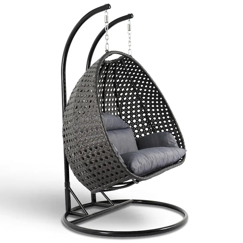 Sedia sospesa a dondolo a forma di uovo con supporto in metallo, struttura in vimini e cuscino ¨C Beige / Blu antracite / Bianco / Blu / Bianco anticato / Marrone / Tela, posti 2