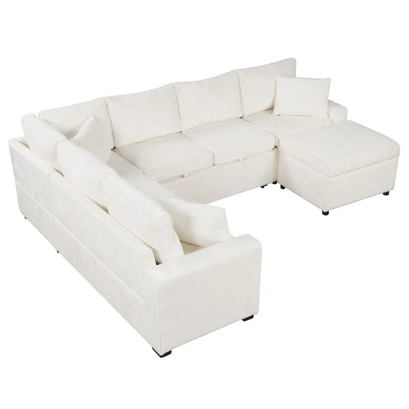 Divano componibile in ciniglia trasformabile in divano letto estraibile, divano letto ad angolo a L con pouf contenitore, 3 cuscini e dispositivi di ricarica