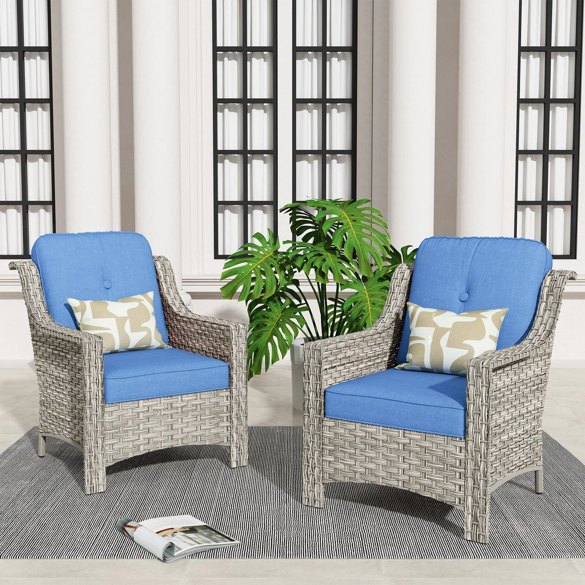 HOOOWOOO Set di 2 sedie da esterno per patio in vimini e rattan con schienale alto