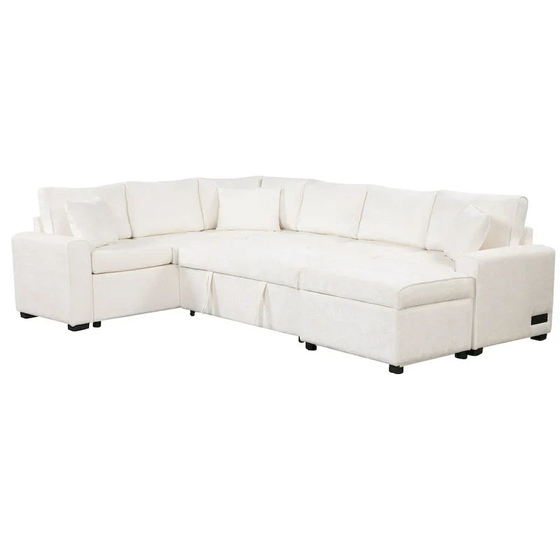 Divano componibile in ciniglia trasformabile in divano letto estraibile, divano letto ad angolo a L con pouf contenitore, 3 cuscini e dispositivi di ricarica