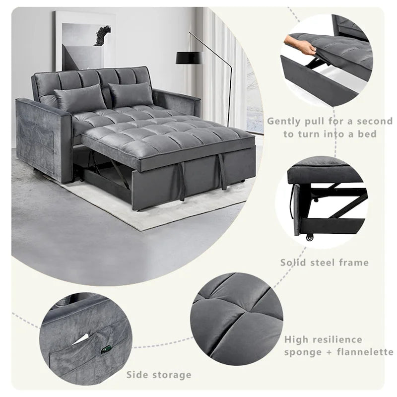 Moderne fluwelen tweezitsfuton met verstelbare rugleuning en zakken, geschikt voor 2 personen ??Donkergrijs / lichtgrijs / blauw / zwart