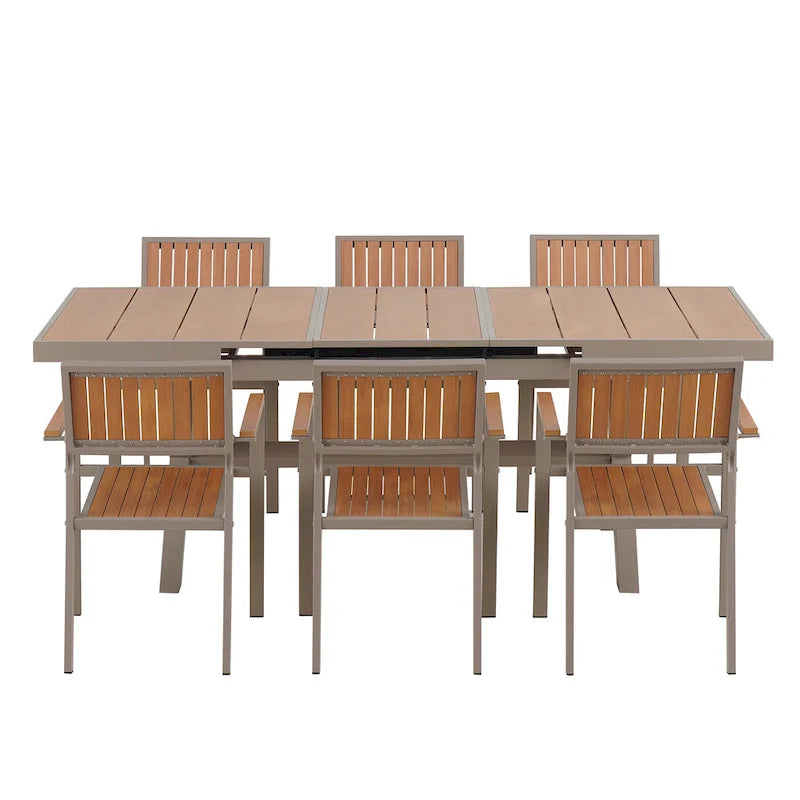 Set da pranzo da esterno estensibile da 7 pezzi con tavolo estensibile e 6 sedie con braccioli