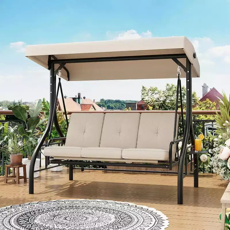 Altalena da esterno convertibile 2-in-1 a 3 posti con tettuccio regolabile, letto-altalena da patio con supporto, cuscini spessi e portabicchieri, per cortile, giardino e veranda
