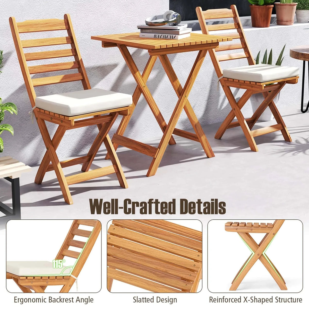 Patiojoy 3-teiliges faltbares Bistro-Set mit abnehmbaren Sitzpolstern - Details anzeigen