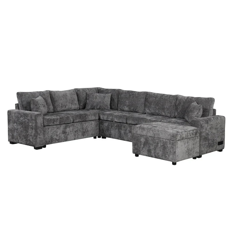Divano componibile in ciniglia trasformabile in divano letto estraibile, divano letto ad angolo a L con pouf contenitore, 3 cuscini e dispositivi di ricarica