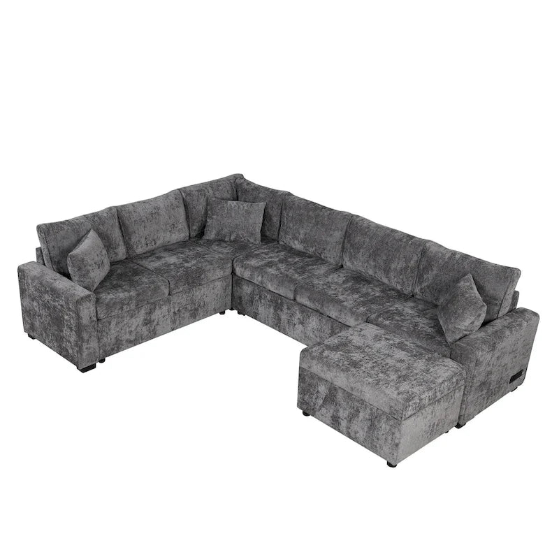 Divano componibile in ciniglia trasformabile in divano letto estraibile, divano letto ad angolo a L con pouf contenitore, 3 cuscini e dispositivi di ricarica