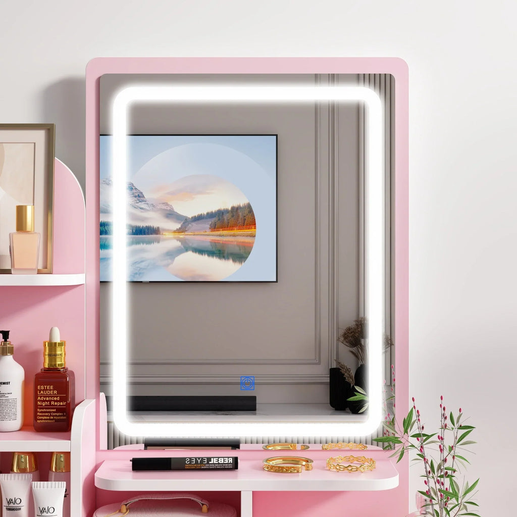 Make-uptafelset met ledverlichting, spiegel en kruk