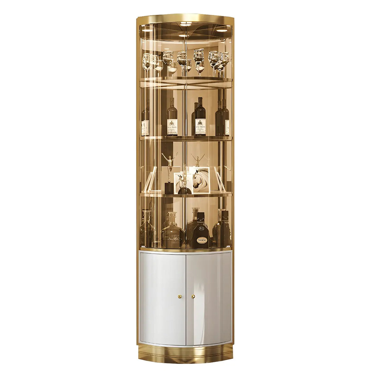 Glam Glossy Glass Gold Metal Rounded Display Corner Cabinet
