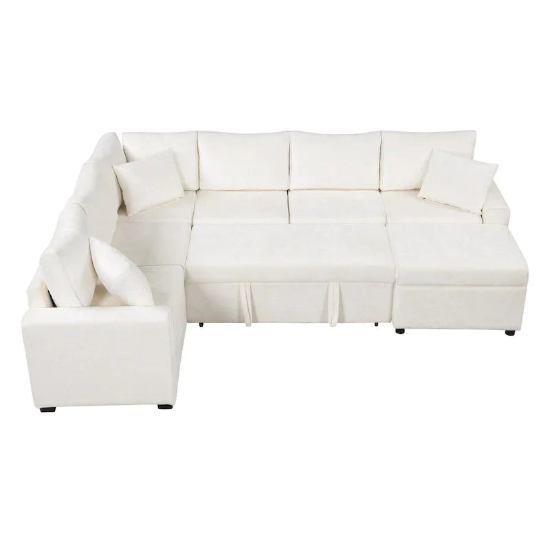 Divano componibile in ciniglia trasformabile in divano letto estraibile, divano letto ad angolo a L con pouf contenitore, 3 cuscini e dispositivi di ricarica