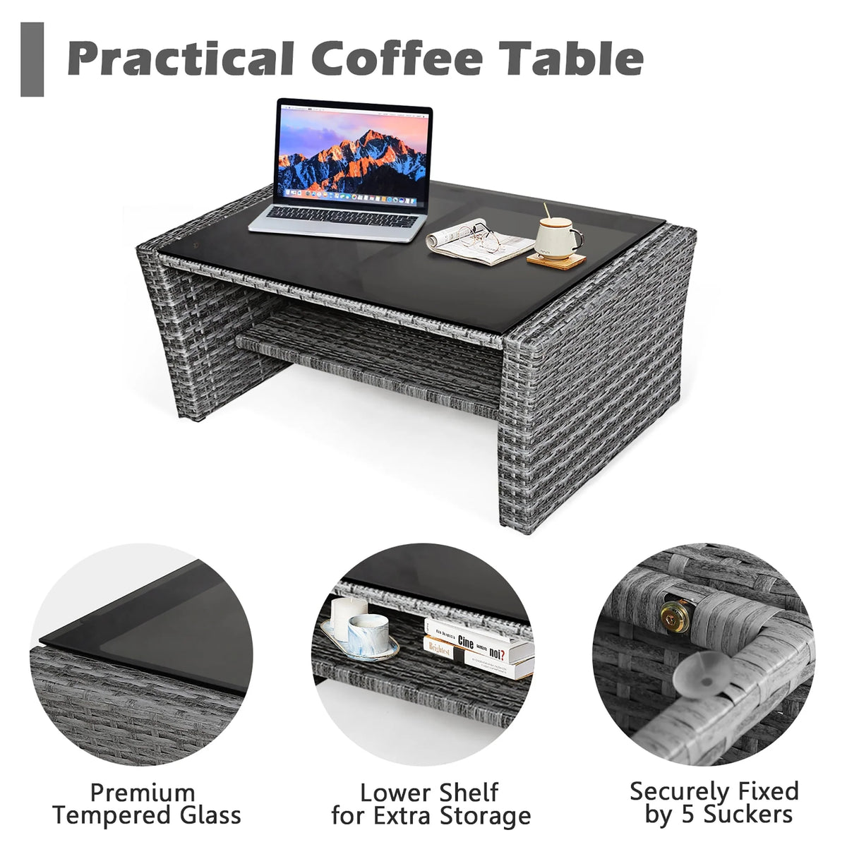 Set di divani da patio da 4 pezzi con tavolino da caffè, set di divani da esterno per conversazione