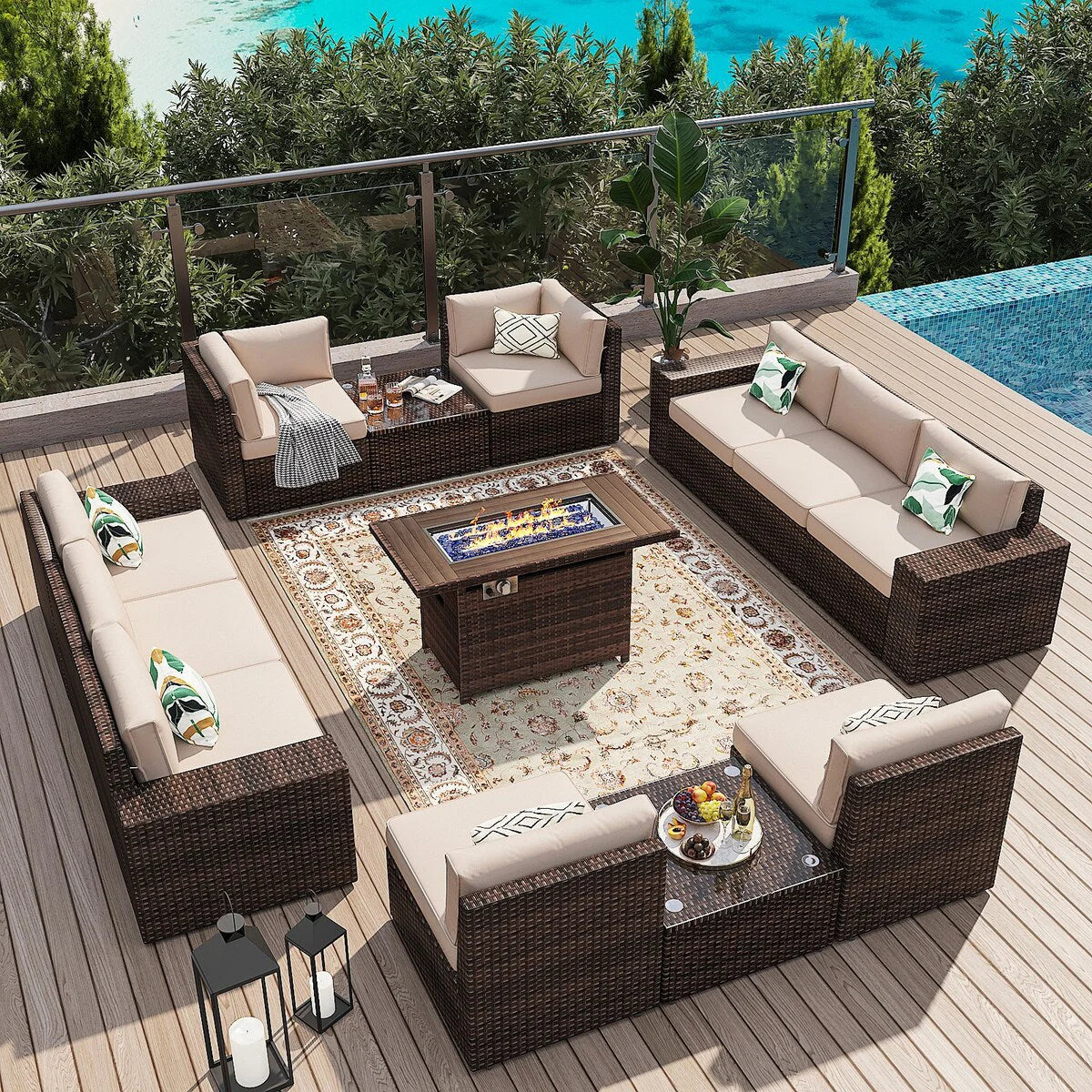 Set di mobili da patio da 13 pezzi con tavolo per braciere 44Fire