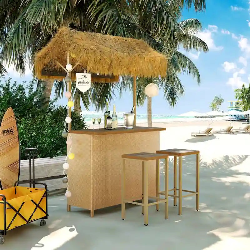 Set da esterno in stile hawaiano con tavolo alto da bar