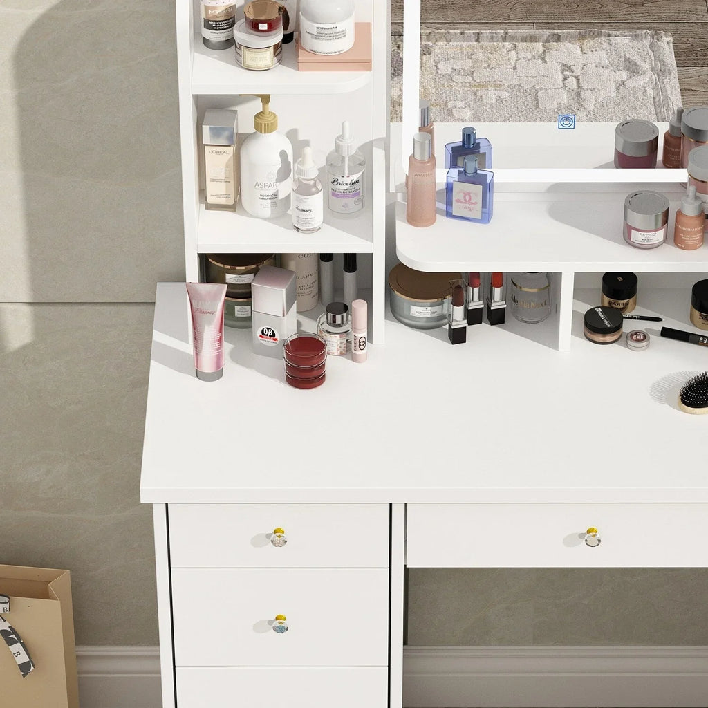 Make-uptafelset met ledverlichting, spiegel en kruk