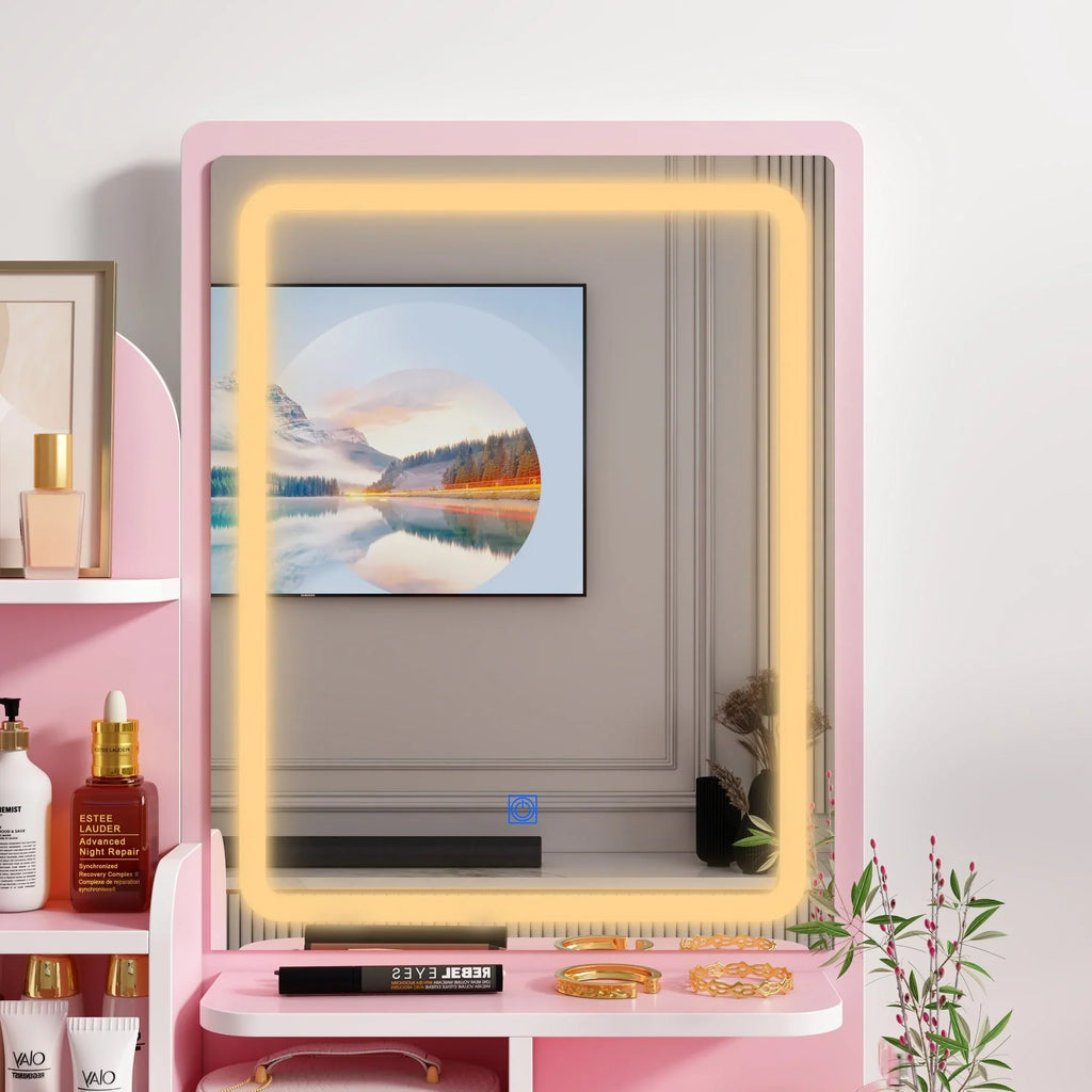 Make-uptafelset met ledverlichting, spiegel en kruk
