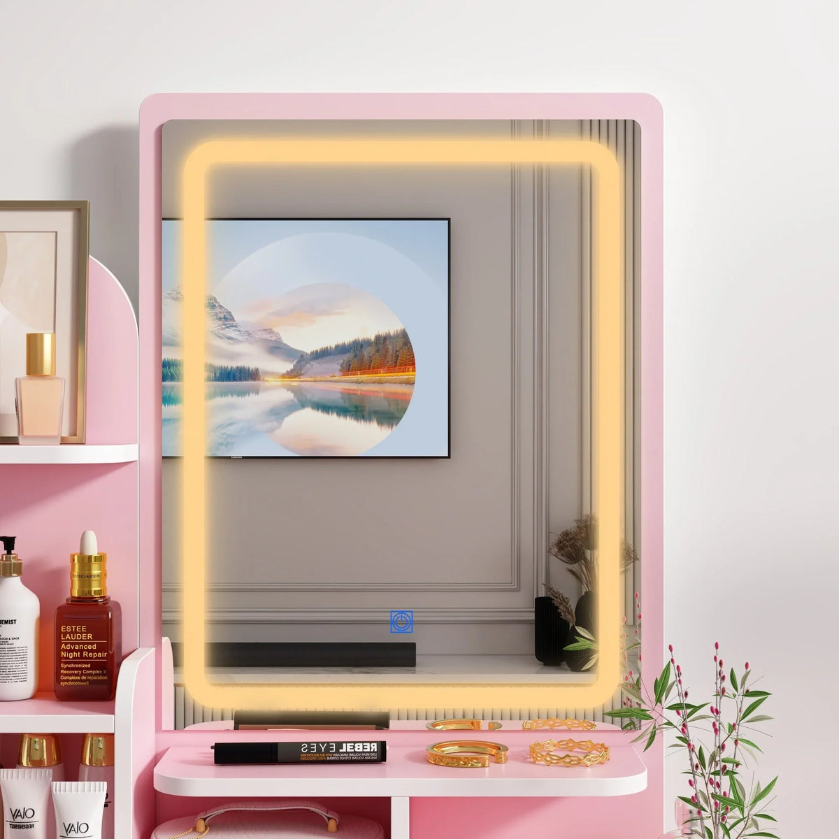 Make-uptafelset met ledverlichting, spiegel en kruk