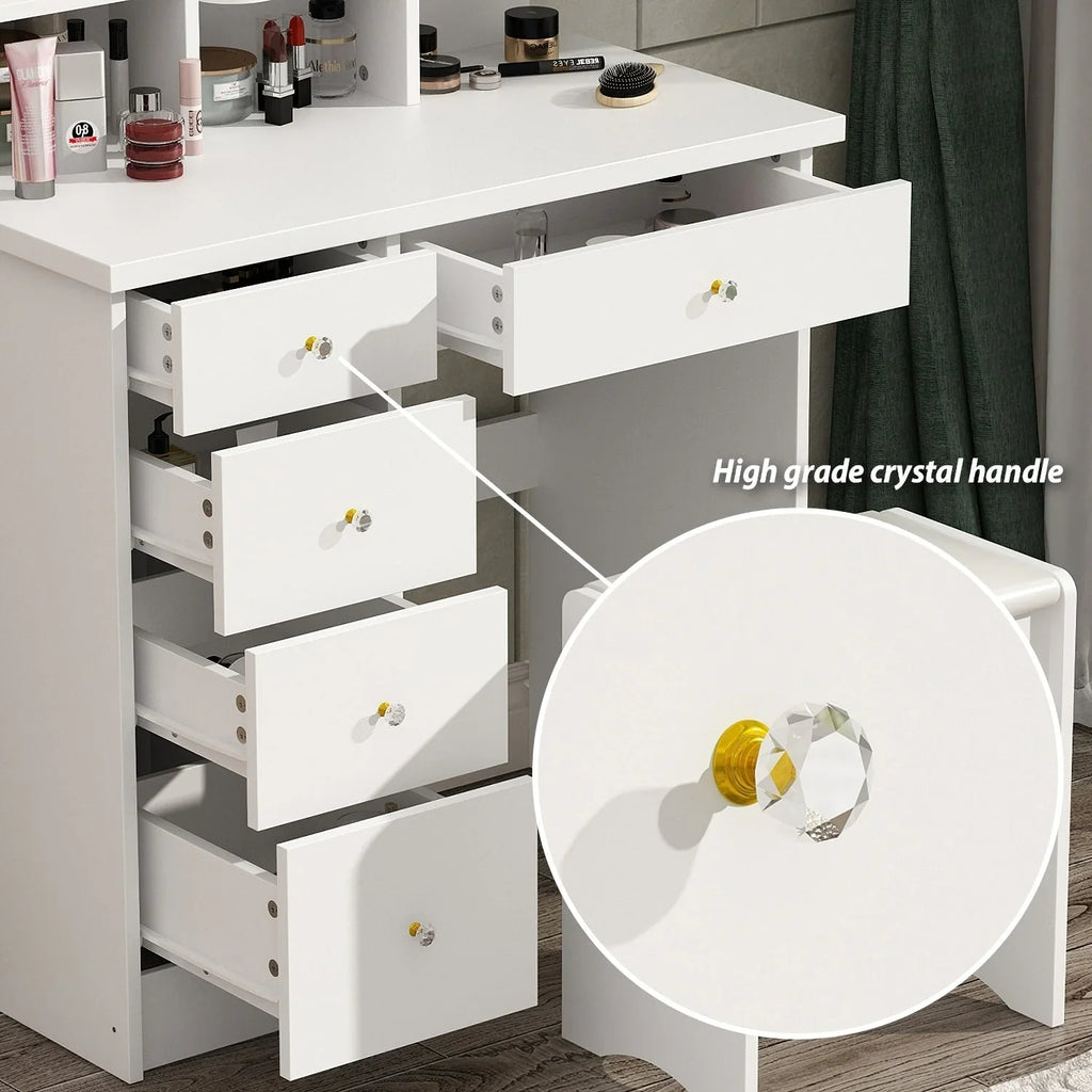 Make-uptafelset met ledverlichting, spiegel en kruk