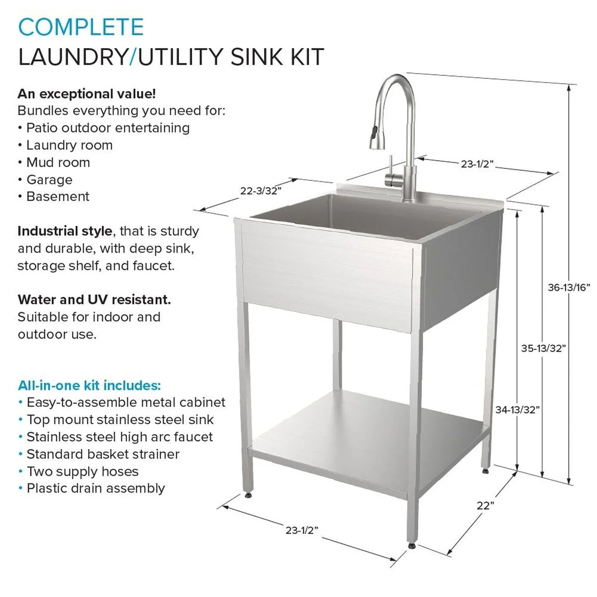 Transolid EWS-2422S Spülbecken und Waschtisch aus Edelstahl, 24 In. B x 22 In. T x 35 In. H - 24 In. x 22 In.