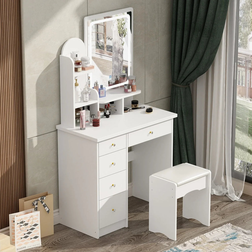 Make-uptafelset met ledverlichting, spiegel en kruk