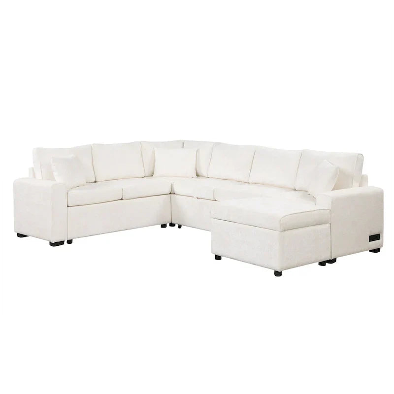 Divano componibile in ciniglia trasformabile in divano letto estraibile, divano letto ad angolo a L con pouf contenitore, 3 cuscini e dispositivi di ricarica