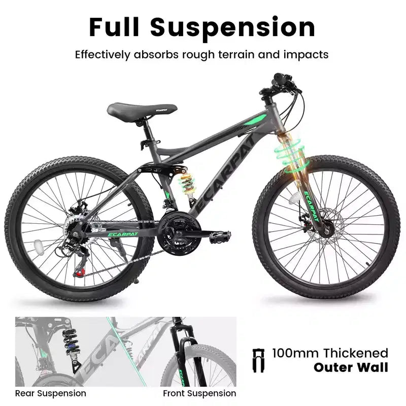 Okak 26 inch mountainbike met schijfremmen, 21 versnellingen, fiets voor volwassenen met duurzaam frame en dubbele vering achter, fiets voor stadsritten