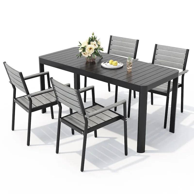 Set da pranzo da esterno in alluminio per patio, da 5/7 pezzi, con sedie impilabili e tavolo allungabile