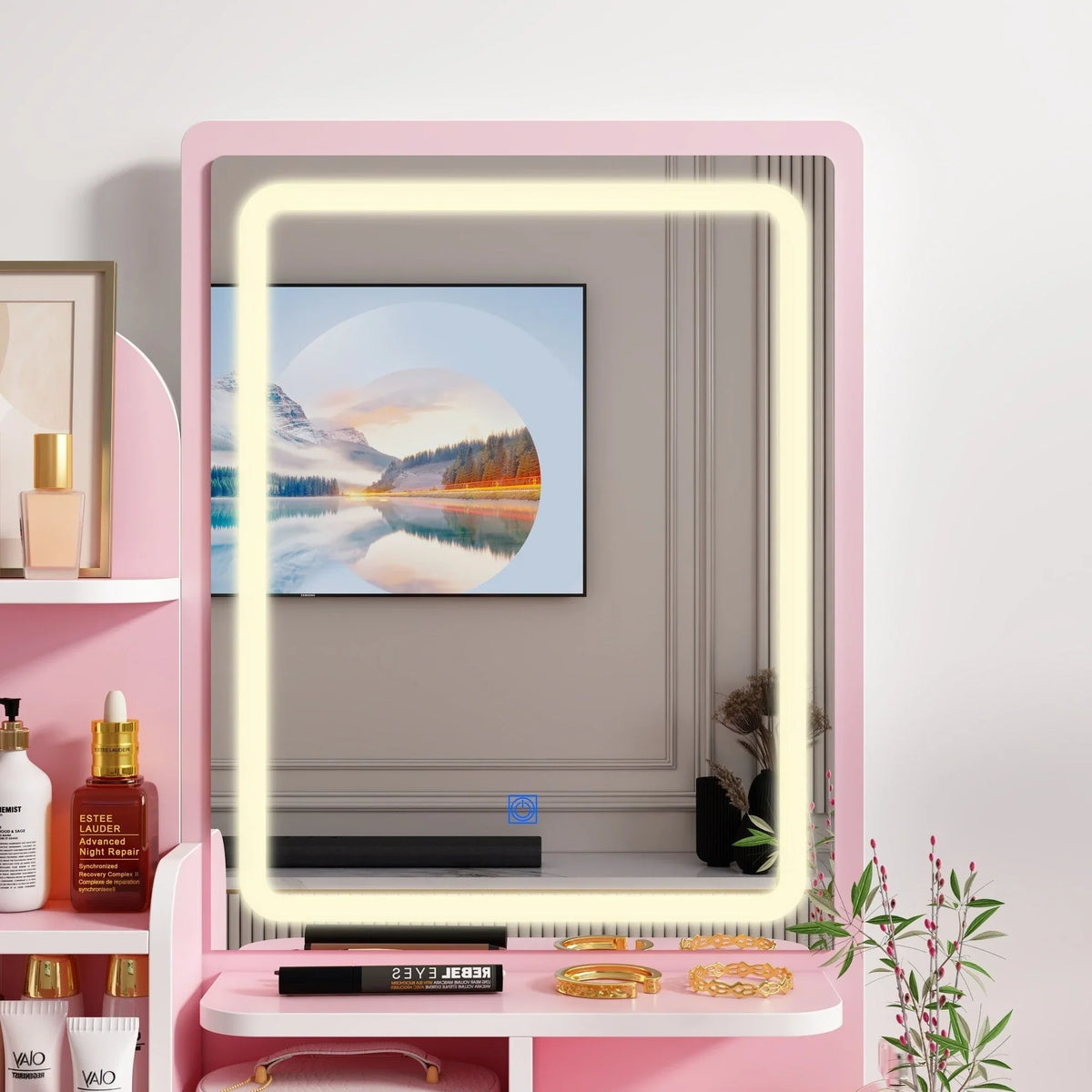 Make-uptafelset met ledverlichting, spiegel en kruk