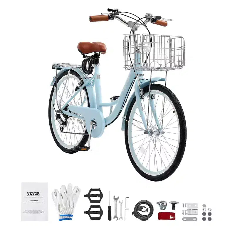VEVOR Cruiser-Fahrrad, 7-Gang, 26-Zoll-Strand-Cruiser-Fahrrad in Hellblau mit großem Korb und Gepäckträger, sicheres und robustes Cruiser-Fahrrad, Hellblau