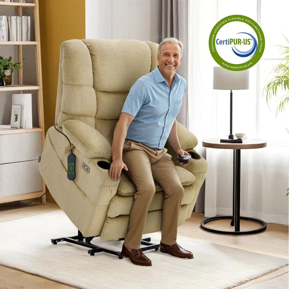 Poltrona reclinabile elettrica MCombo extra larga con doppio motore, funzione alzapersone, massaggio e doppio riscaldamento per persone robuste e alte e anziani, tessuto R7635