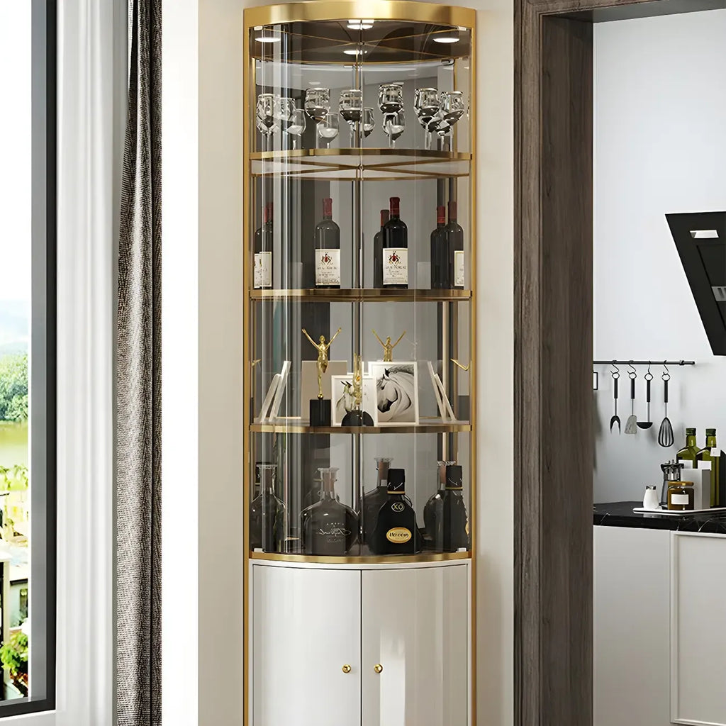 Glam Glossy Glass Gold Metal Rounded Display Corner Cabinet