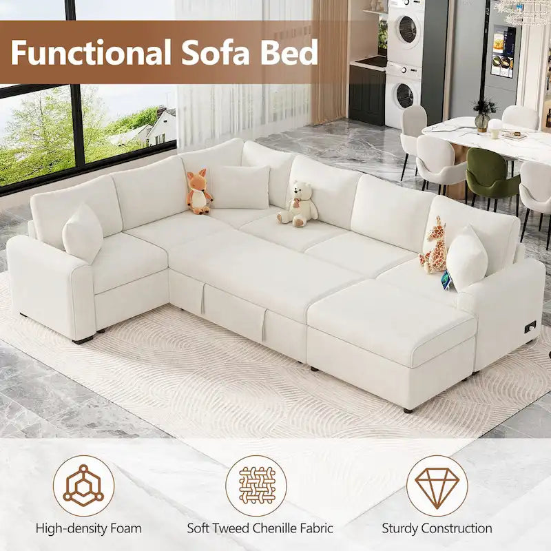 Divano componibile in ciniglia trasformabile in divano letto estraibile, divano letto ad angolo a L con pouf contenitore, 3 cuscini e dispositivi di ricarica