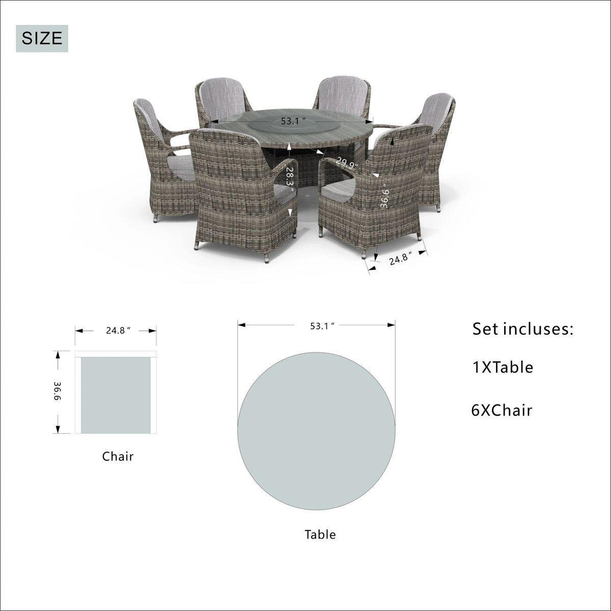 Set da pranzo rotondo da esterno in rattan intrecciato da 7 pezzi con cuscini di Moda Furnishings