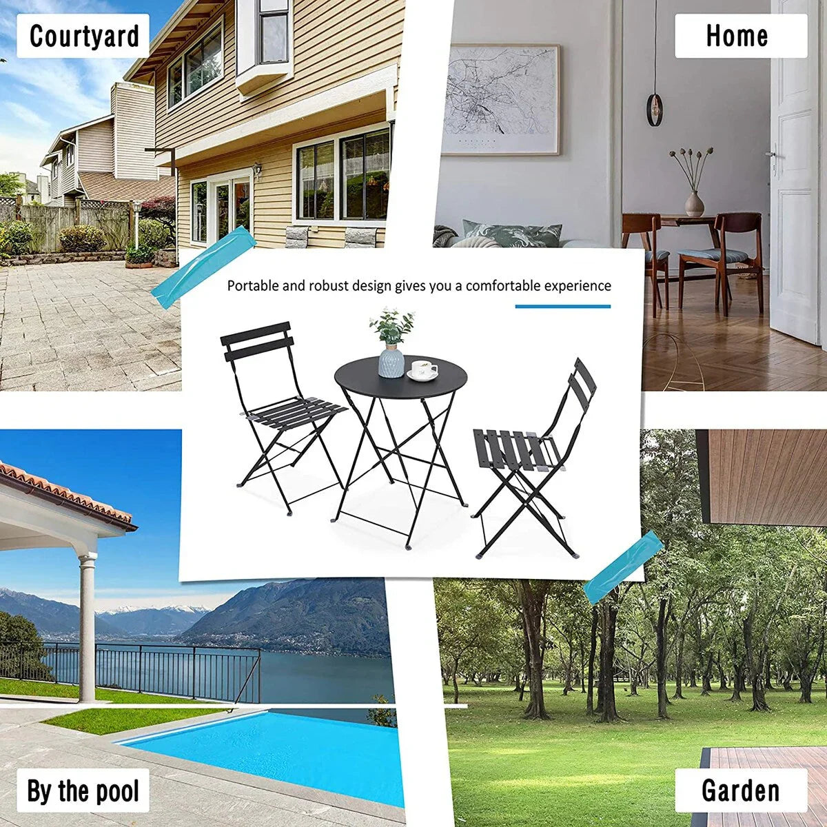 3-teiliges klappbares Bistro-Set aus Metall, wetterbeständiges Outdoor-/Indoor-Sitzset für Terrasse, Hof und Garten