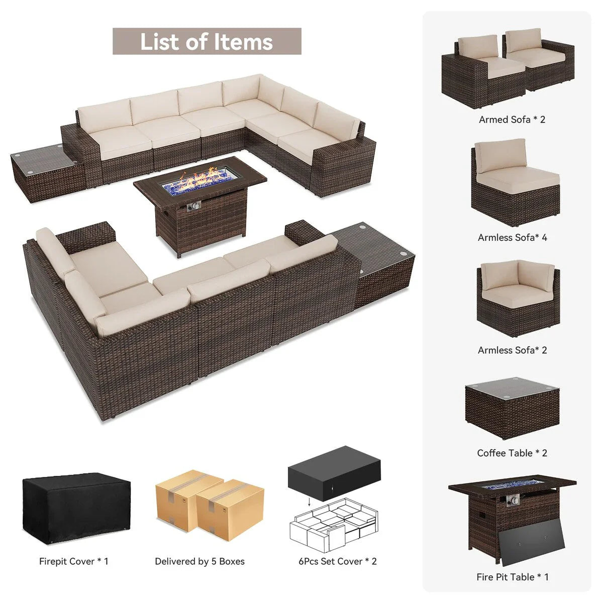 Set di mobili da patio da 13 pezzi con tavolo per braciere 44Fire