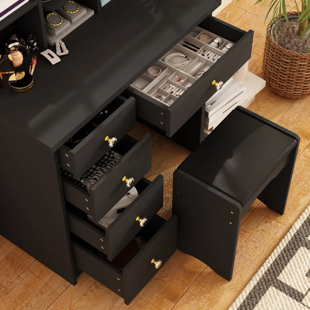 Make-uptafelset met ledverlichting, spiegel en kruk