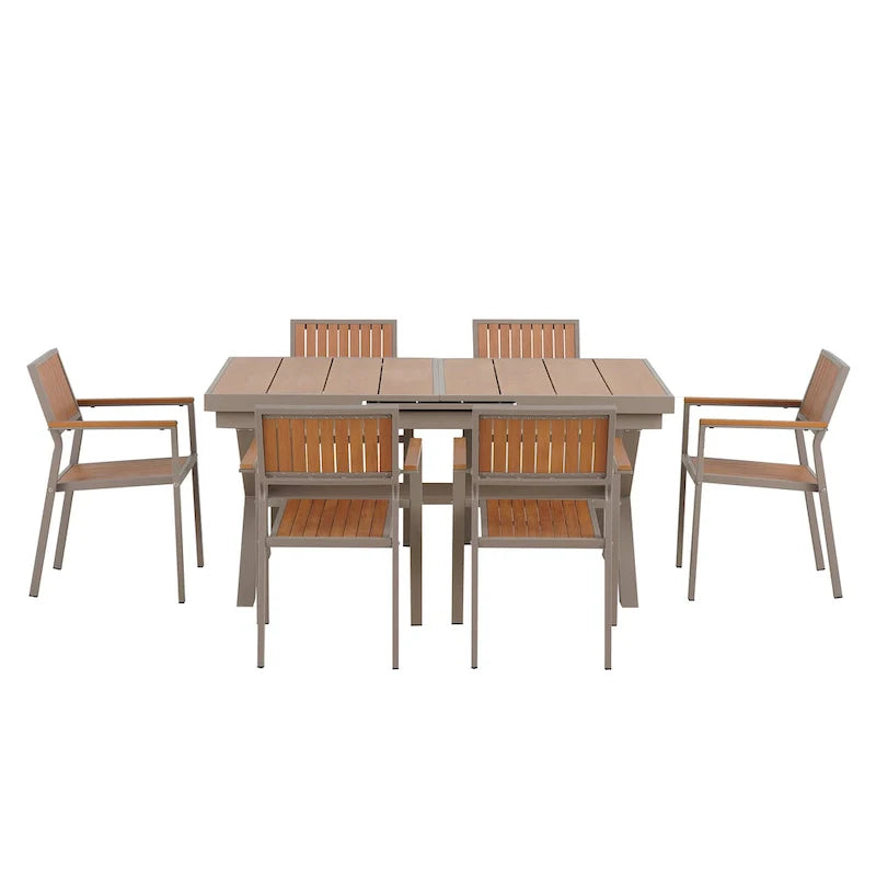 Set da pranzo da esterno estensibile da 7 pezzi con tavolo estensibile e 6 sedie con braccioli